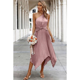 Wave Cut Ruffle One Shoulder Belt Fit Solid Dress - MVTFASHION.COM