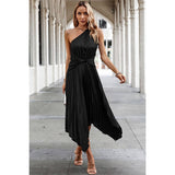 Wave Cut Ruffle One Shoulder Belt Fit Solid Dress - MVTFASHION.COM