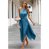 Wave Cut Ruffle One Shoulder Belt Fit Solid Dress - MVTFASHION.COM