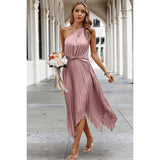 Wave Cut Ruffle One Shoulder Belt Fit Solid Dress - MVTFASHION.COM