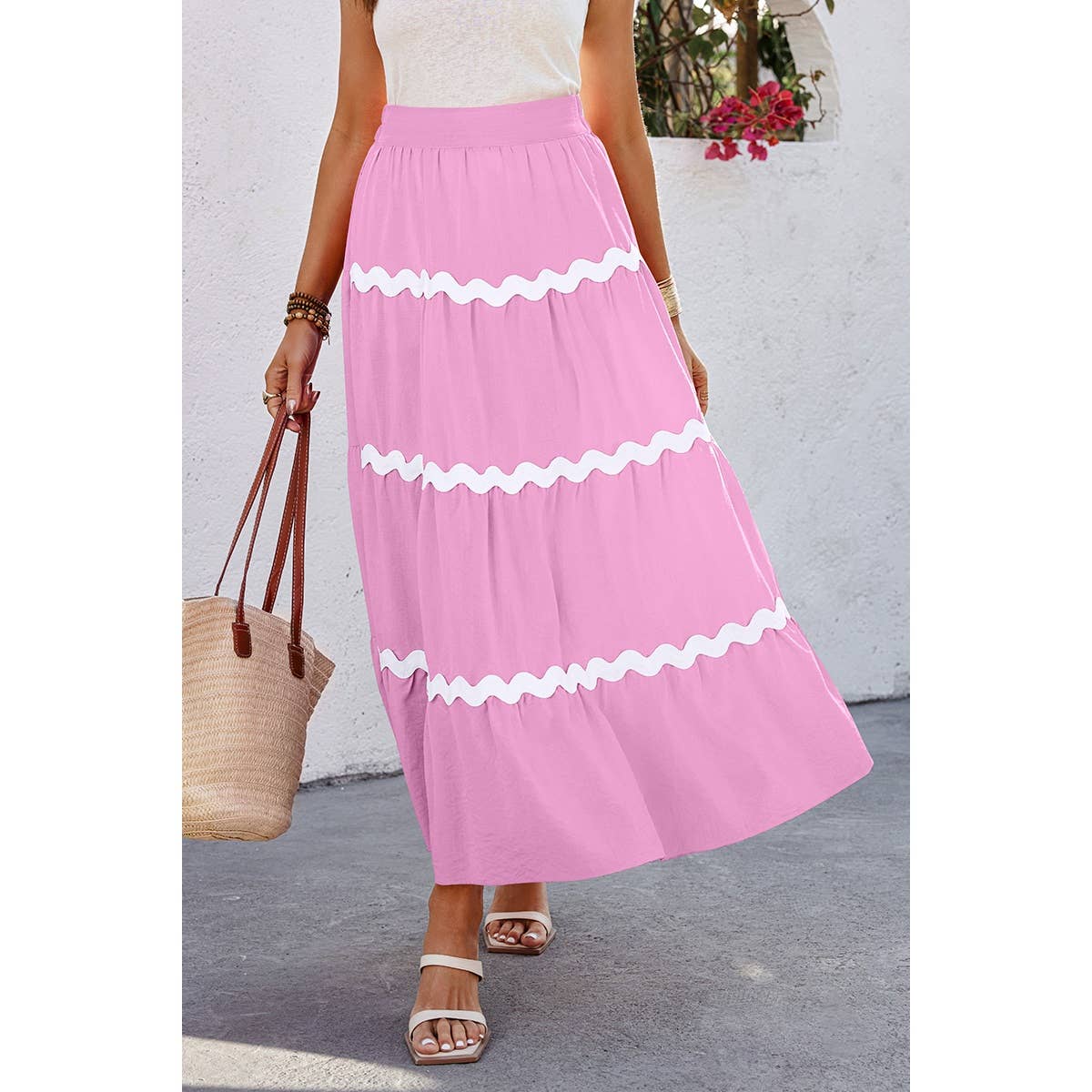 Waves Print Pleated Elastic Waist Band Skirt - MVTFASHION.COM