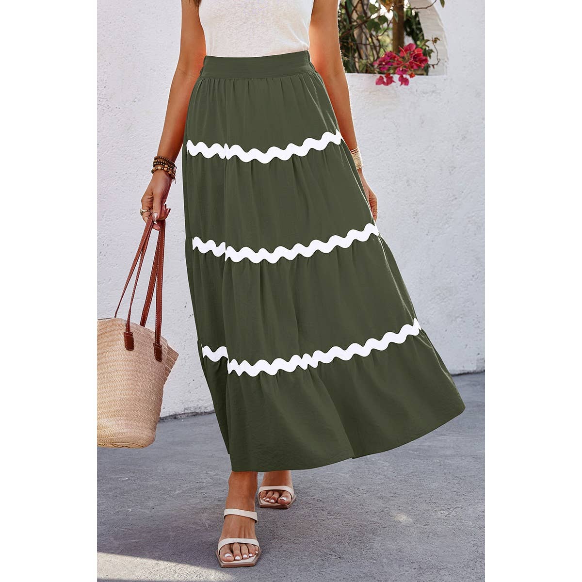 Waves Print Pleated Elastic Waist Band Skirt - MVTFASHION.COM