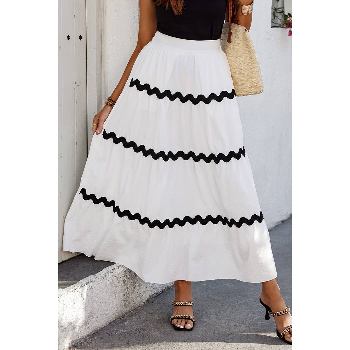 Waves Print Pleated Elastic Waist Band Skirt - MVTFASHION.COM