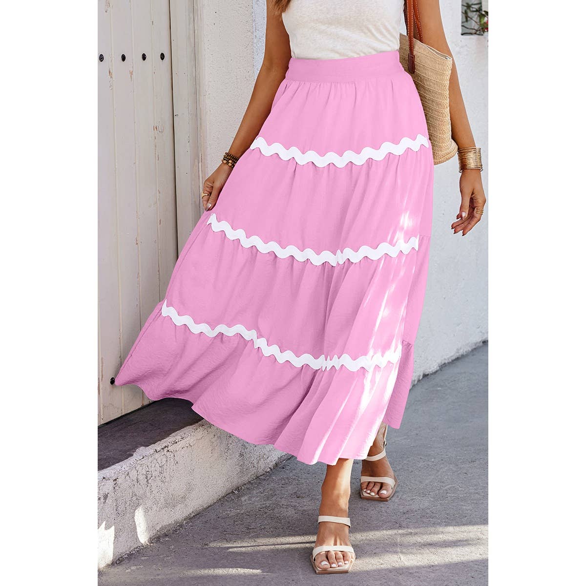 Waves Print Pleated Elastic Waist Band Skirt - MVTFASHION.COM