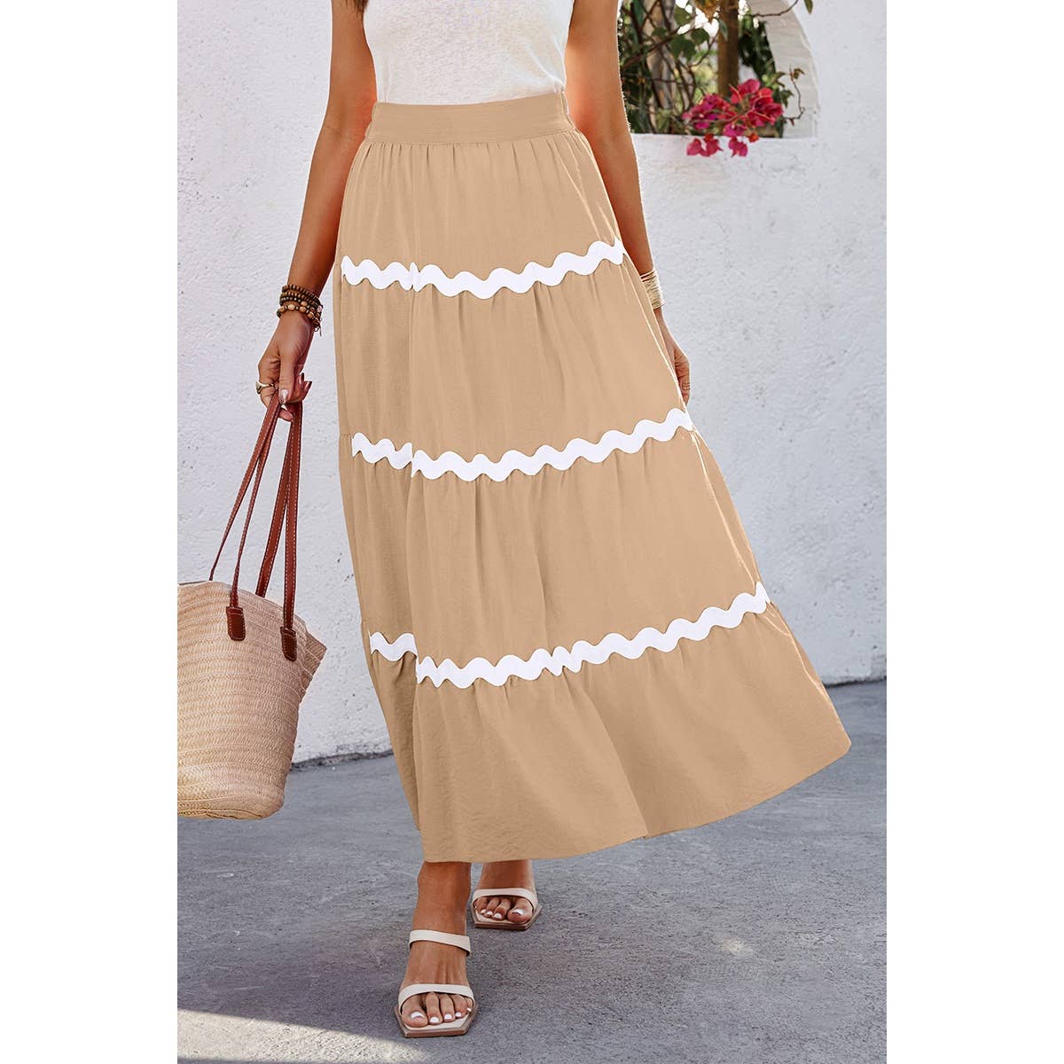 Waves Print Pleated Elastic Waist Band Skirt - MVTFASHION.COM