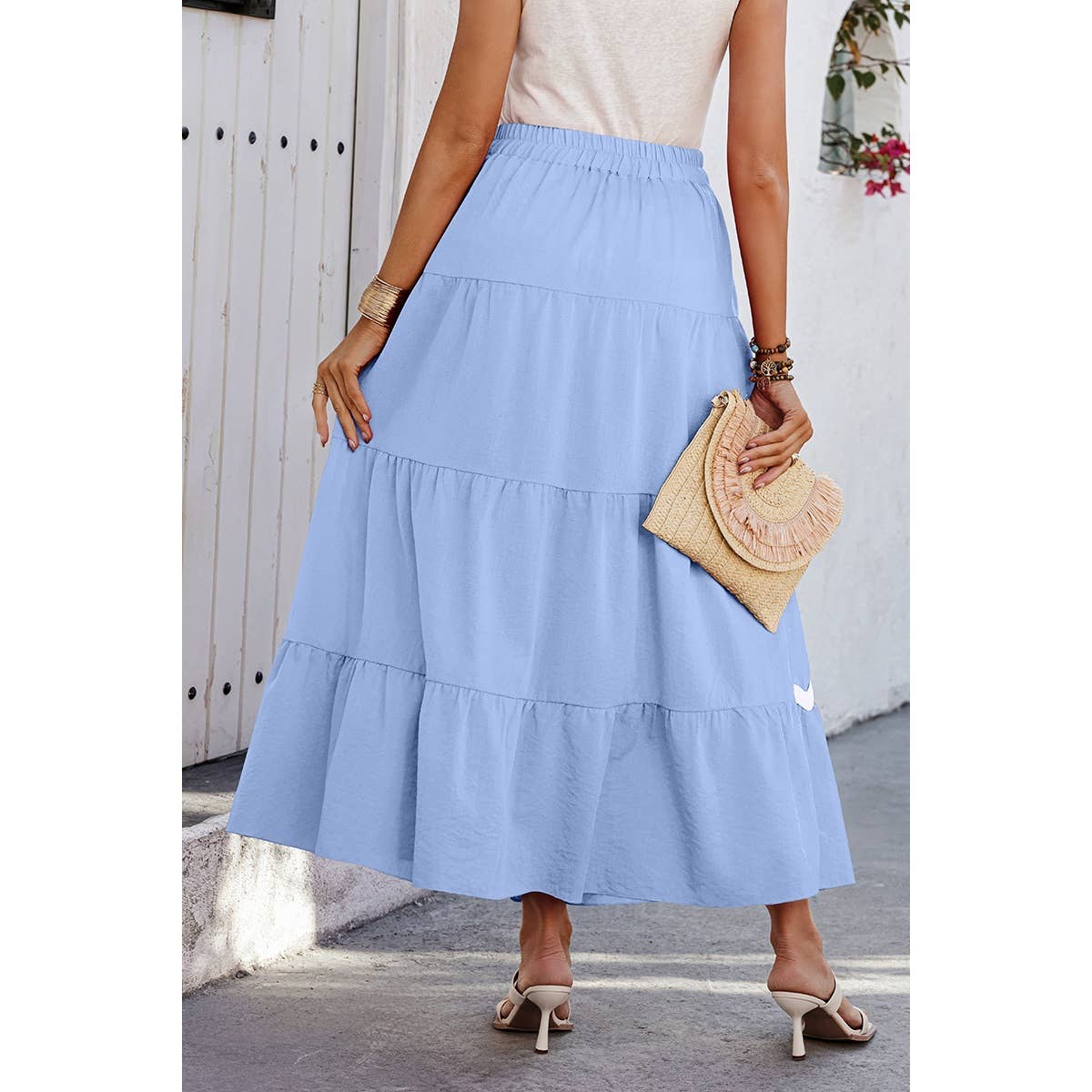 Waves Print Pleated Elastic Waist Band Skirt - MVTFASHION.COM