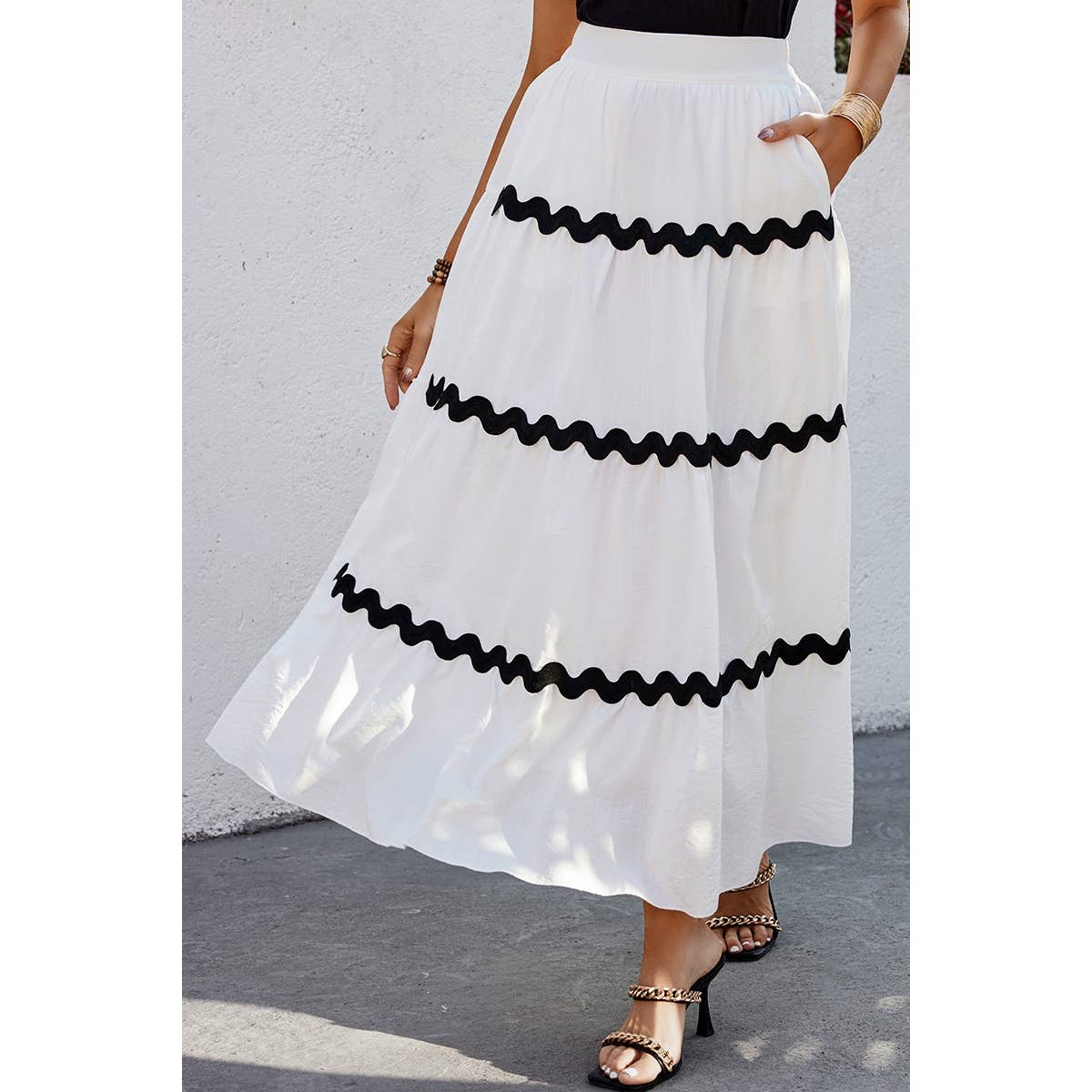 Waves Print Pleated Elastic Waist Band Skirt - MVTFASHION.COM