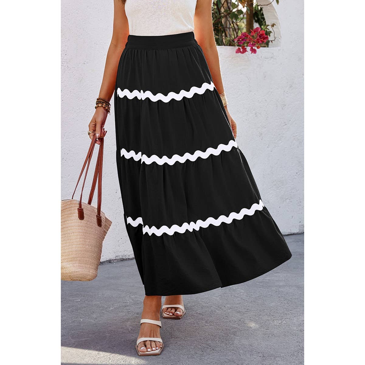 Waves Print Pleated Elastic Waist Band Skirt - MVTFASHION.COM