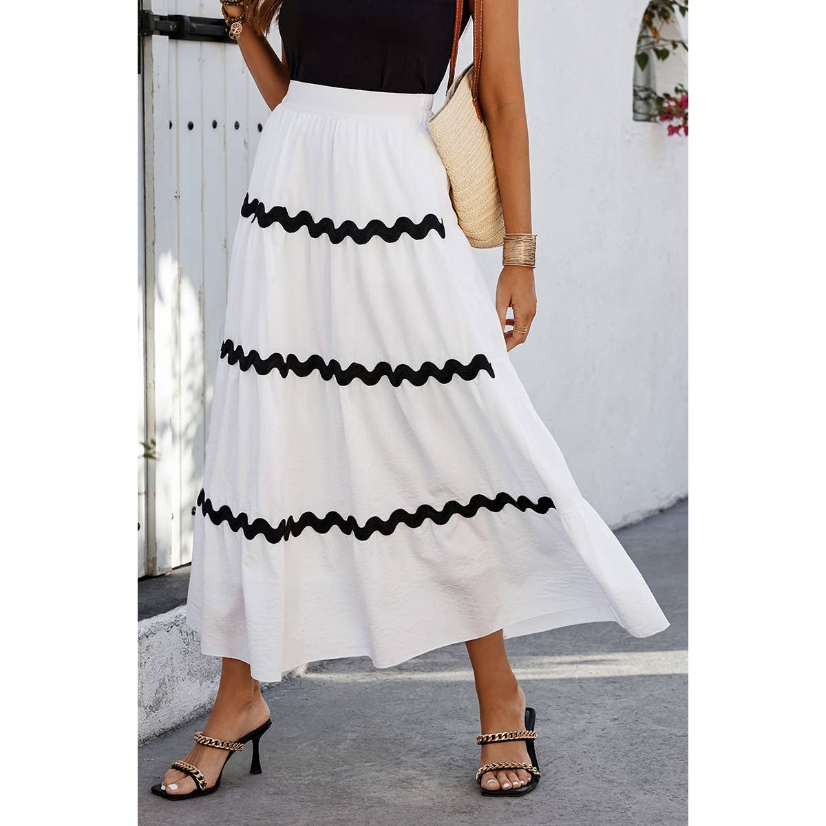 Waves Print Pleated Elastic Waist Band Skirt - MVTFASHION.COM