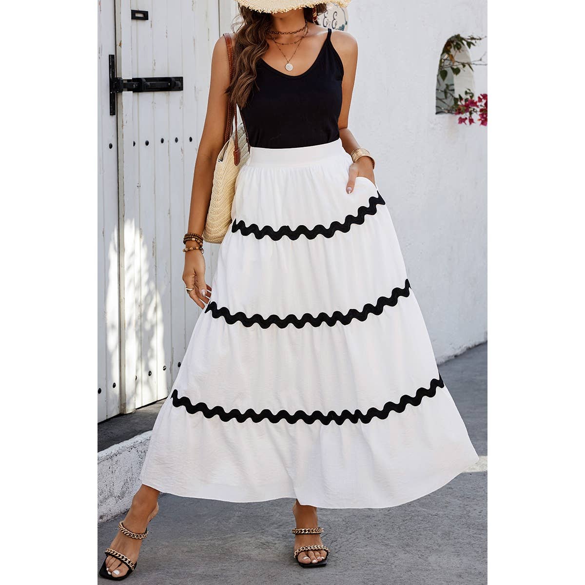 Waves Print Pleated Elastic Waist Band Skirt - MVTFASHION.COM