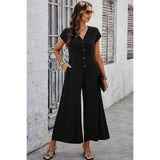 Wide Leg Button Trim Pockets V Neck Jumpsuit - MVTFASHION.COM