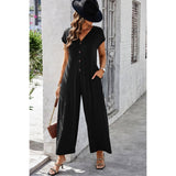 Wide Leg Button Trim Pockets V Neck Jumpsuit - MVTFASHION.COM