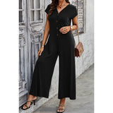 Wide Leg Button Trim Pockets V Neck Jumpsuit - MVTFASHION.COM