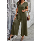 Wide Leg Button Trim Pockets V Neck Jumpsuit - MVTFASHION.COM