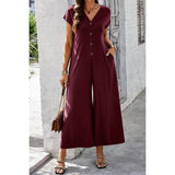 Wide Leg Button Trim Pockets V Neck Jumpsuit - MVTFASHION.COM