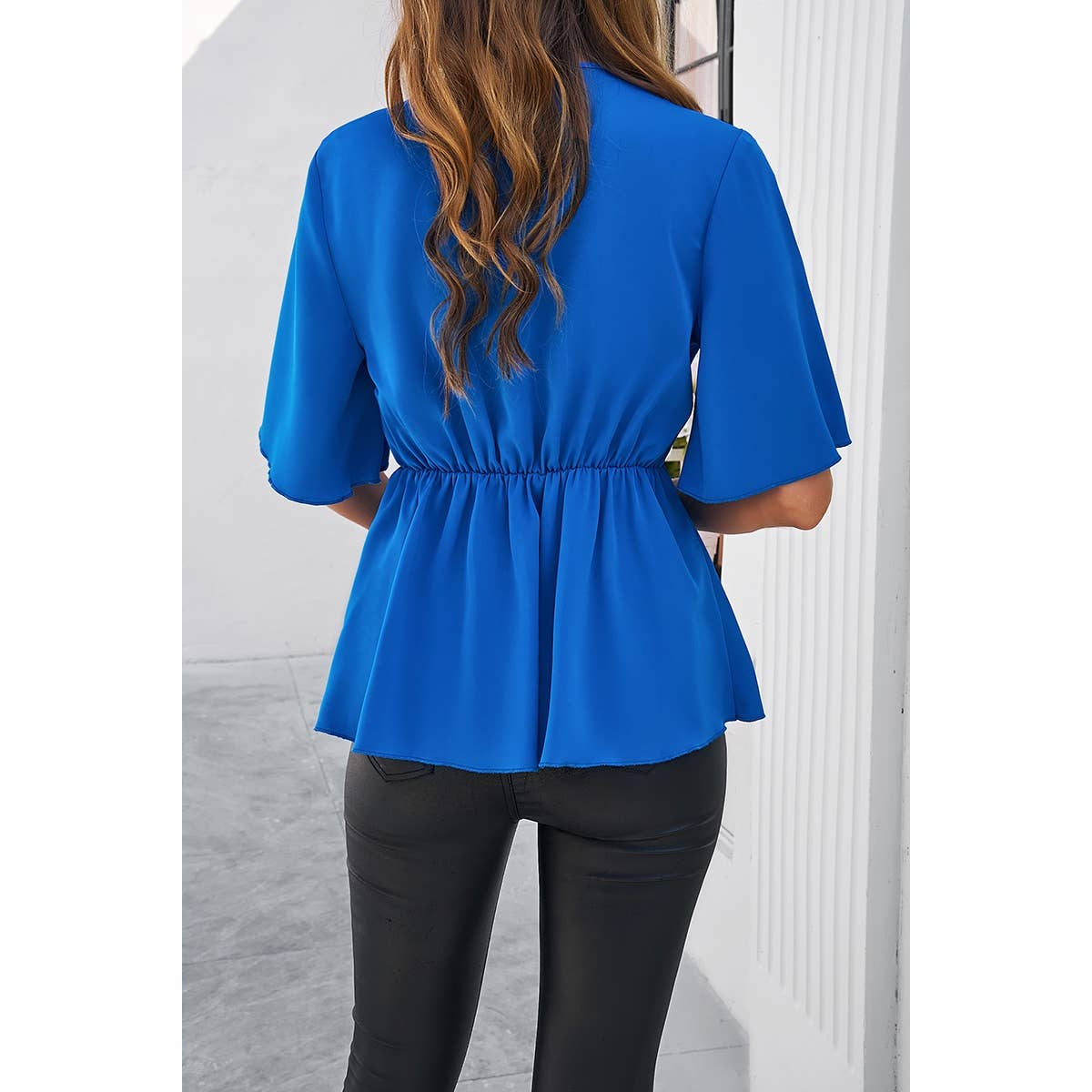 Wide Sleeve Deep V Knot Cross Ruffle Fit Blouse - MVTFASHION.COM