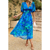 Allover Print Deep V Wide Self Belt Puff Sleeves Lined Dress - MVTFASHION