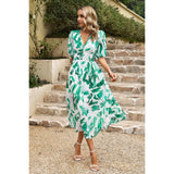 Allover Print Deep V Wide Self Belt Puff Sleeves Lined Dress - MVTFASHION