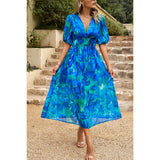 Allover Print Deep V Wide Self Belt Puff Sleeves Lined Dress - MVTFASHION