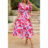 Allover Print Deep V Wide Self Belt Puff Sleeves Lined Dress - MVTFASHION