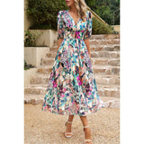 Allover Print Deep V Wide Self Belt Puff Sleeves Lined Dress - MVTFASHION