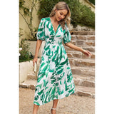 Allover Print Deep V Wide Self Belt Puff Sleeves Lined Dress - MVTFASHION