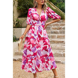 Allover Print Deep V Wide Self Belt Puff Sleeves Lined Dress - MVTFASHION