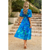 Allover Print Deep V Wide Self Belt Puff Sleeves Lined Dress - MVTFASHION