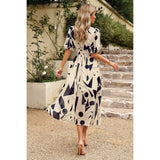 Allover Print Deep V Wide Self Belt Puff Sleeves Lined Dress - MVTFASHION