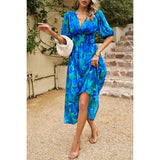 Allover Print Deep V Wide Self Belt Puff Sleeves Lined Dress - MVTFASHION