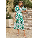 Allover Print Deep V Wide Self Belt Puff Sleeves Lined Dress - MVTFASHION