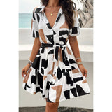 Allover Print Ruffle Front Button Open Belt Dress - MVTFASHION.COM