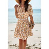 Allover Print Ruffle Front Button Open Belt Dress - MVTFASHION.COM