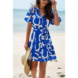 Allover Print Ruffle Front Button Open Belt Dress - MVTFASHION.COM