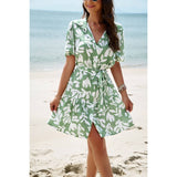 Allover Print Ruffle Front Button Open Belt Dress - MVTFASHION.COM