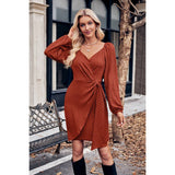 Asymmetrical Surplice Puff Sleeve Fit Dress - MVTFASHION