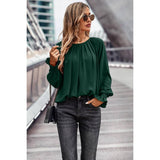 Back Cut Out Button Sleeve Hem Ruffle Ruched Top - MVTFASHION