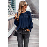 Back Cut Out Button Sleeve Hem Ruffle Ruched Top - MVTFASHION