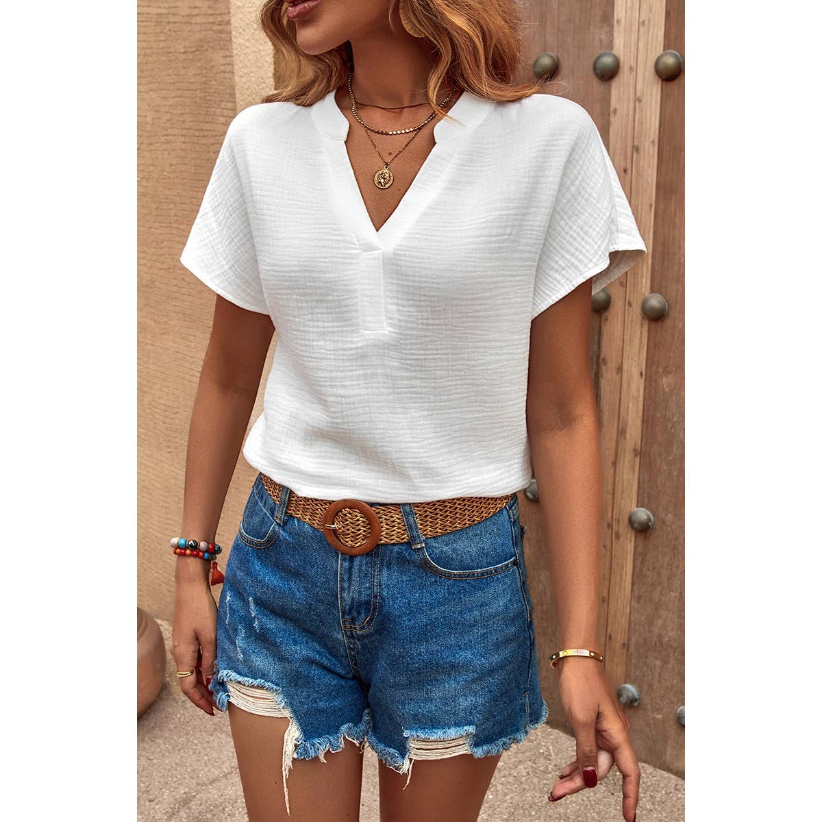 Bat Sleeve V Neck Loose Tank Ruched Solid Blouse - MVTFASHION
