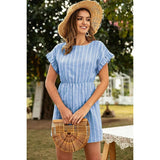 Blue White Stripe Ruffle Sleeve A Line Dress - MVTFASHION