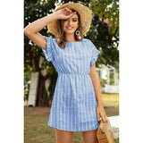 Blue White Stripe Ruffle Sleeve A Line Dress - MVTFASHION