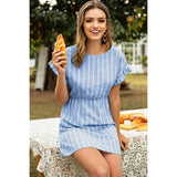 Blue White Stripe Ruffle Sleeve A Line Dress - MVTFASHION