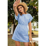 Blue White Stripe Ruffle Sleeve A Line Dress - MVTFASHION