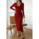 Bodycon Deep V Wrap Solid Knot Back Fishtail Dress - MVTFASHION