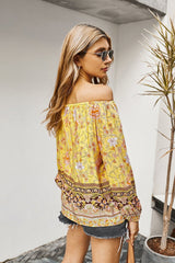 Boho Floral Off Shoulder Ruffle Tunic Blouse - MVTFASHION