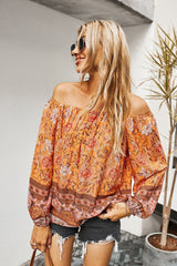 Boho Floral Off Shoulder Ruffle Tunic Blouse - MVTFASHION