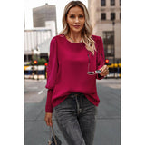 Button Back Puff Sleeve Loose Fit Solid Blouse - MVTFASHION