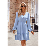 Button Puff Sleeve Hem Ruffle High Waist Dress - MVTFASHION