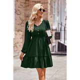 Button Puff Sleeve Hem Ruffle High Waist Dress - MVTFASHION