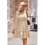 Button Puff Sleeve Hem Ruffle High Waist Dress - MVTFASHION